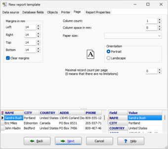 Specifying page parameters for report