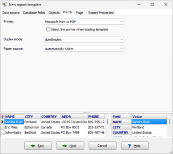 Specifying printer parameters for report